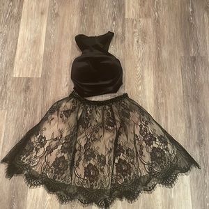 Alyce black and flesh colored 2 piece velvet and lace homecoming dress